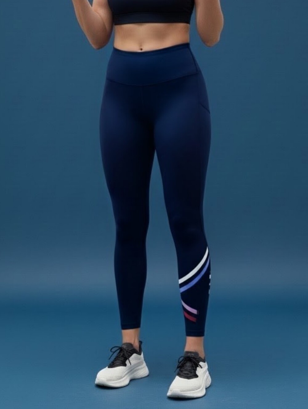 GapFit Navy Blue With Stripe Accent On Lower Leg, Athletic Leggings, Large